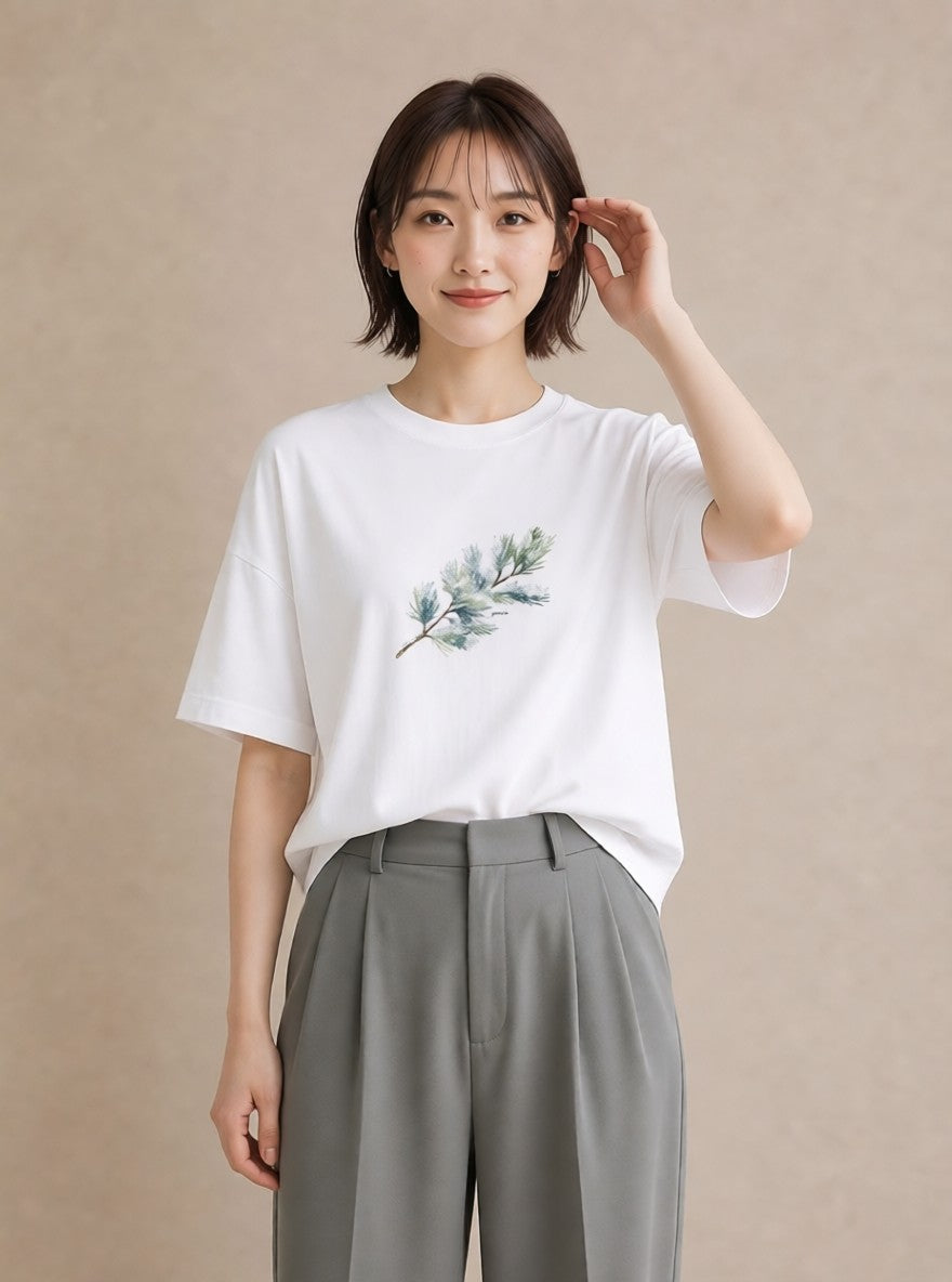 Tシャツ レディース 松ぼっくり 植物 ボタニカル イラスト ゆるコーデ 秋コーデ おしゃれギフト 白T YMAZO