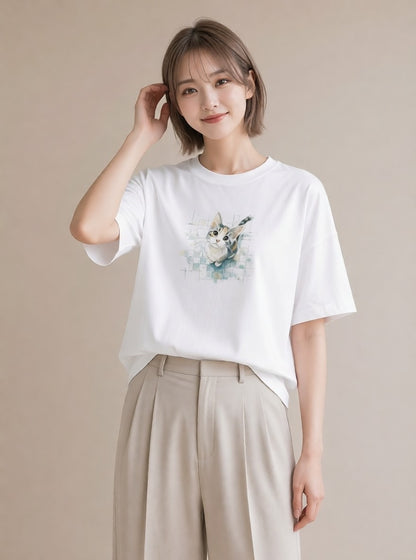 半袖Tシャツ レディース 愛猫 猫 ねこ イラスト 北欧風 女性 旅行用 白T YMAZO