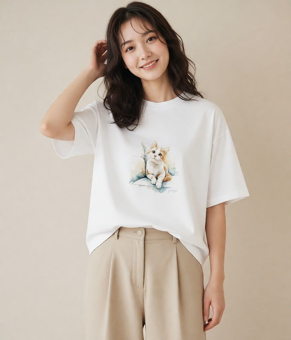 Tシャツ レディース ベンガル 猫 ねこ イラスト 手描き風 海 カフェ巡り 白T YMAZO