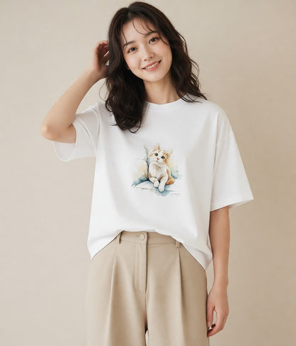 Tシャツ レディース ベンガル 猫 ねこ イラスト 手描き風 海 カフェ巡り 白T YMAZO