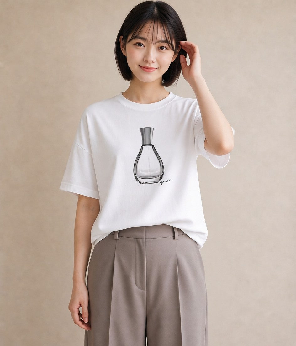 Tシャツ レディース 香水 香水瓶 パフューム イラスト 線画 ビーチ デイリーウェア 白T YMAZO
