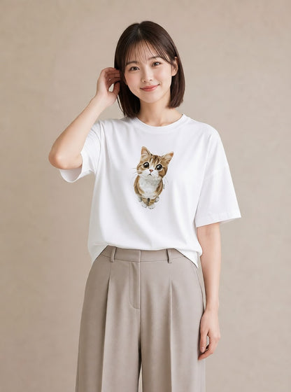プリントTシャツ レディース 茶トラ 茶猫 猫 ねこ イラスト 旅行コーデ お出かけ 普段着 白T YMAZO
