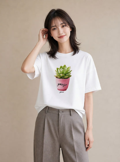 プリントTシャツ レディース 多肉植物 植物 ボタニカル イラスト ゆるかわ 20代 カジュアルコーデ 白T YMAZO