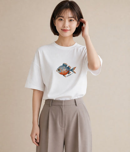 プリントTシャツ レディース 熱帯魚 ペット 動物 イラスト ポップ ラフ レイヤード 白T YMAZO