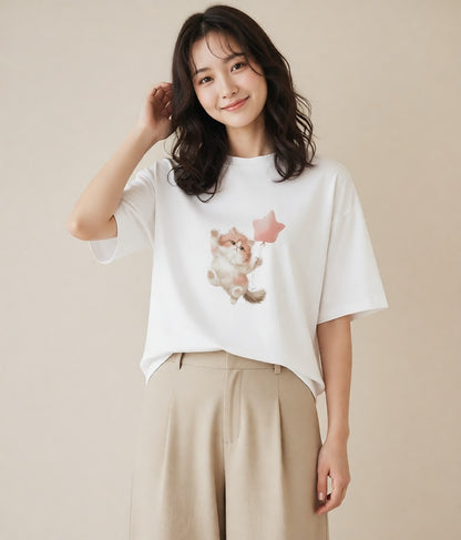 デザインTシャツ レディース ペルシャ 猫 ねこ イラスト カジュアル ビーチ デイリーウェア 白T YMAZO