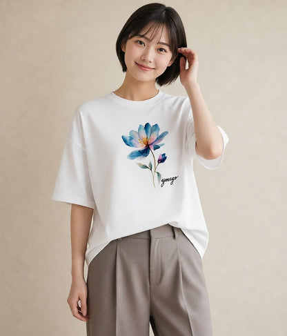 半袖Tシャツ レディース コスモス 秋桜 花 花柄 イラスト ボタニカル 母の日 ビーチ 白T YMAZO