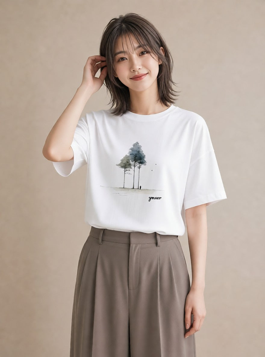 プリントTシャツ レディース 雨上がりのベンチ ベンチ ナチュラル アンティーク イラスト シンプル 友達ギフト 部屋着 白T YMAZO
