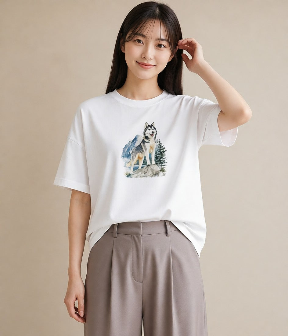 半袖Tシャツ レディース シベリアンハスキー 犬 いぬ イラスト 水彩風 姉妹 送別ギフト 白T YMAZO