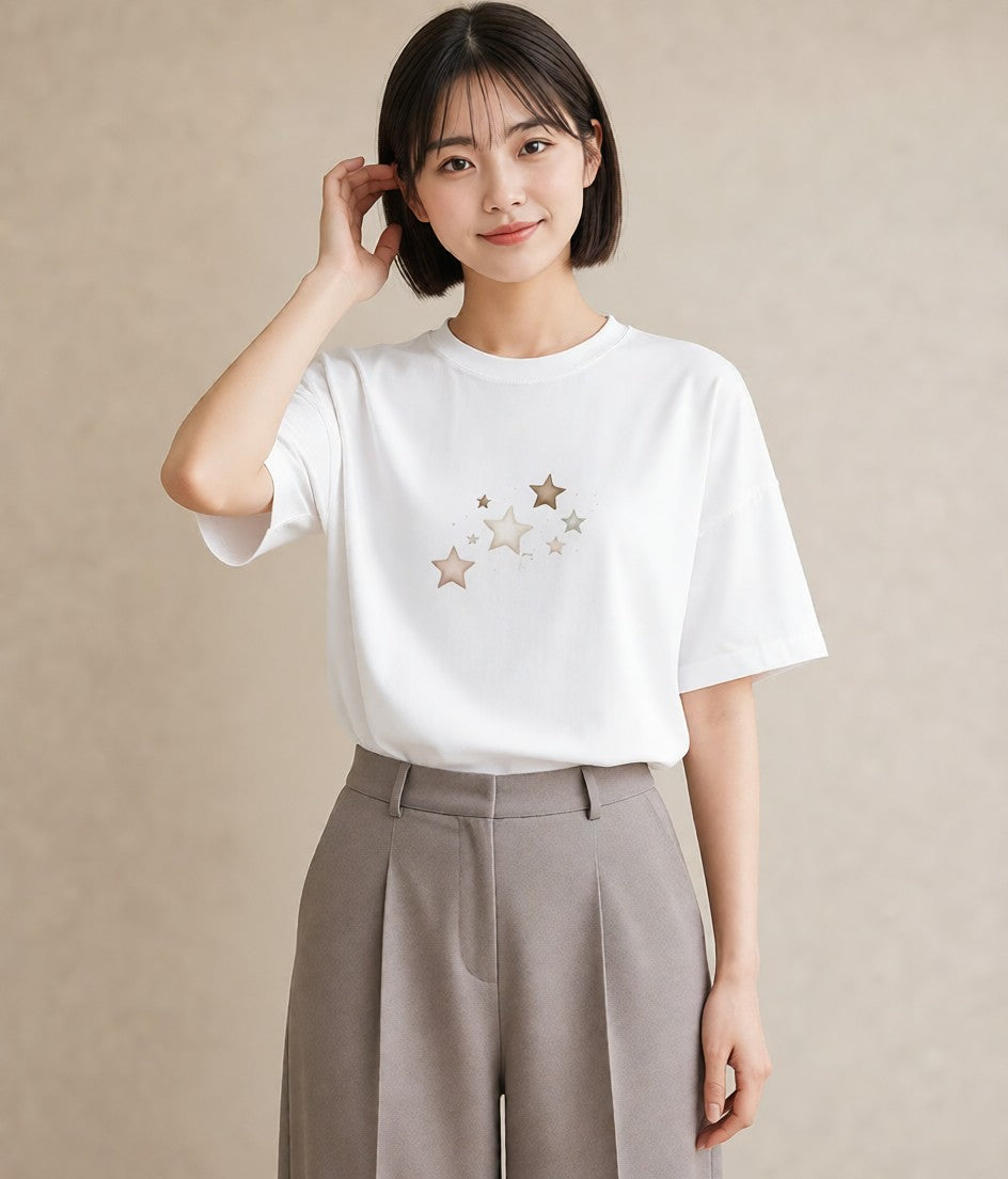 半袖Tシャツ レディース 流れ星 星空 宇宙 イラスト ポップ レイヤード 友達ギフト 白T YMAZO