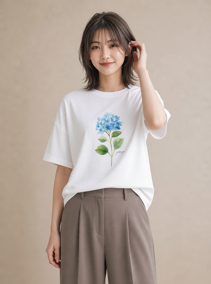 Tシャツ レディース あじさい 紫陽花 アジサイ 花 花柄 イラスト ヴィンテージ風 カフェ巡り 女子会 白T