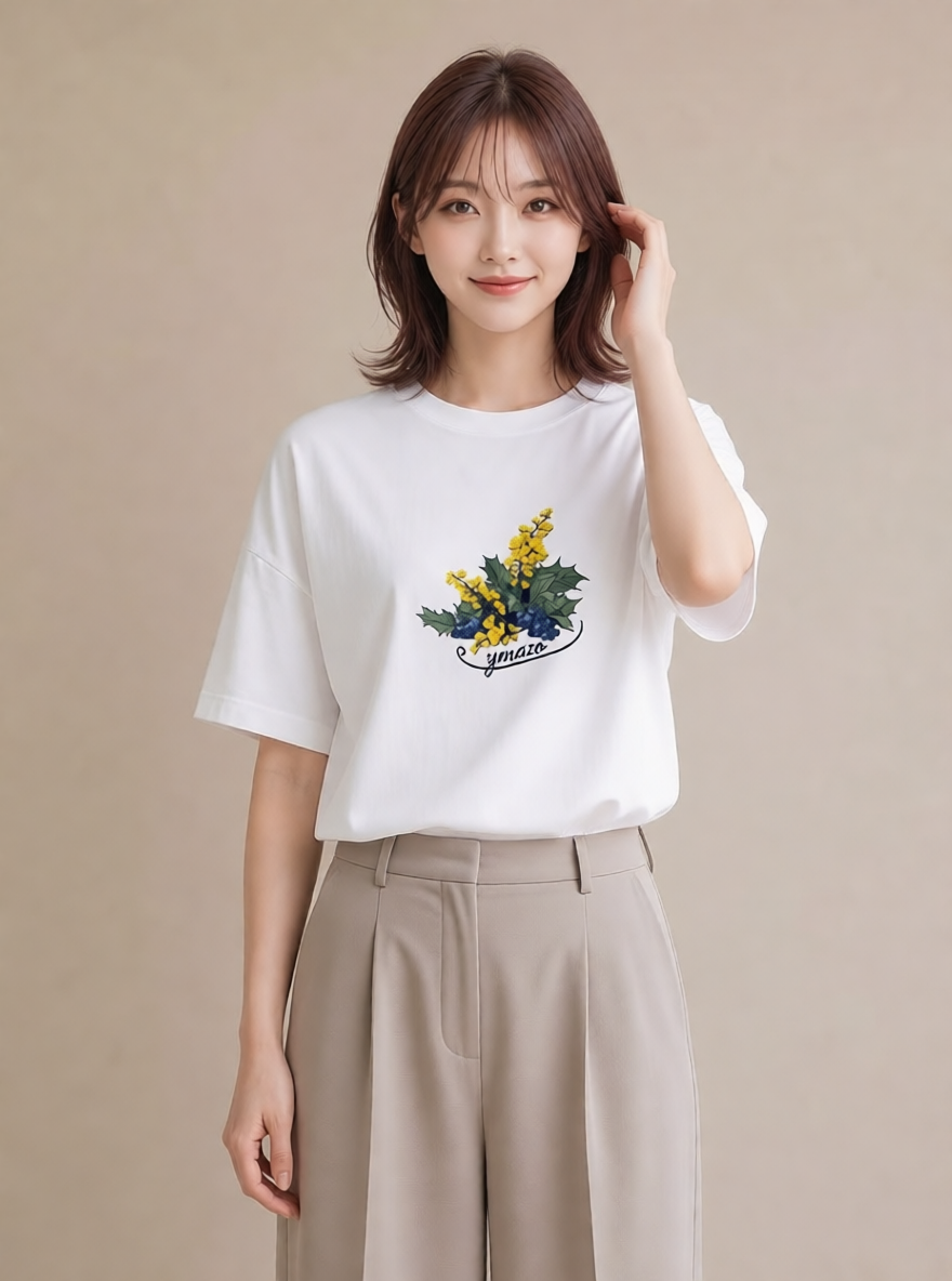 半袖Tシャツ レディース 金木犀 花 花柄 イラスト レトロ ペアコーデ 秋コーデ 白T YMAZO