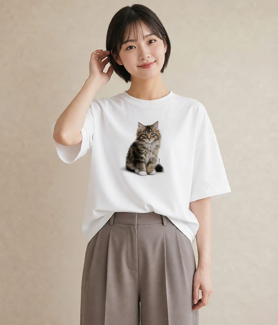 デザインTシャツ レディース メインクーン 猫 ねこ イラスト 上品 ギフト 母の日 白T YMAZO