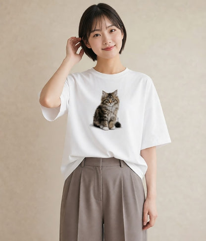 デザインTシャツ レディース メインクーン 猫 ねこ イラスト 上品 ギフト 母の日 白T YMAZO