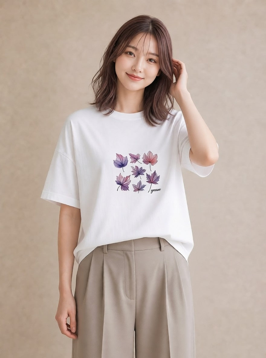 Tシャツ レディース 落ち葉 植物 ボタニカル イラスト ラフカジュアル 週末コーデ 敬老の日 白T YMAZO