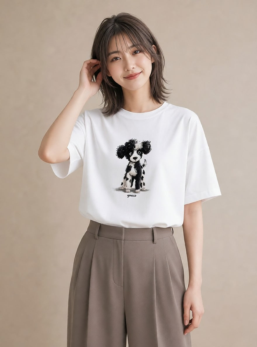 プリントTシャツ レディース トイプードル プードル 犬 いぬ イラスト カフェコーデ 誕生日プレゼント 綿100 白T YMAZO