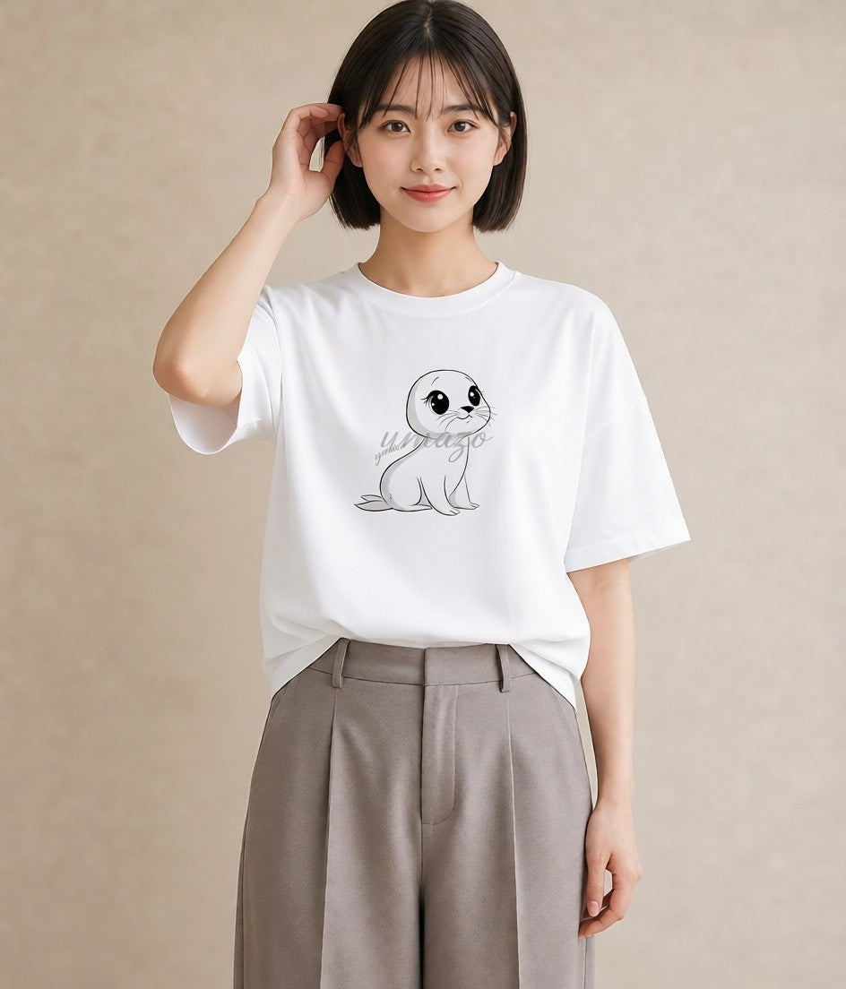プリントTシャツ レディース ゴマフアザラシ 動物 アニマル イラスト アート風 お揃い 親子 白T YMAZO