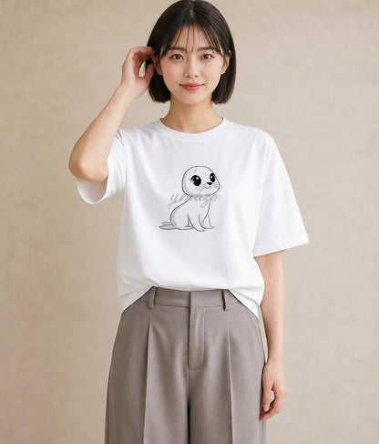 プリントTシャツ レディース ゴマフアザラシ 動物 アニマル イラスト アート風 お揃い 親子 白T YMAZO