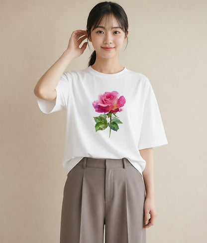 Tシャツ レディース バラ 薔薇 ローズ 花 花柄 イラスト ラフ 送別ギフト 通勤 白T YMAZO