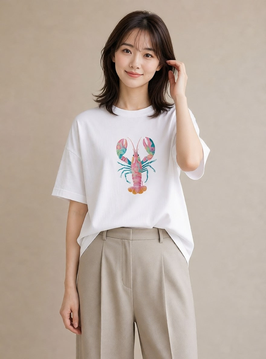 デザインTシャツ レディース カニ 海の生き物 海 イラスト きれいめ 通勤 在宅 白T YMAZO