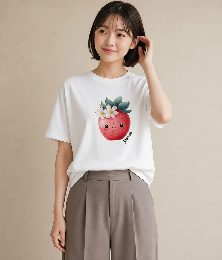 デザインTシャツ レディース いちご 苺 ストロベリー 食べ物 フード イラスト 普段使い レイヤード 友達ギフト 白T YMAZO