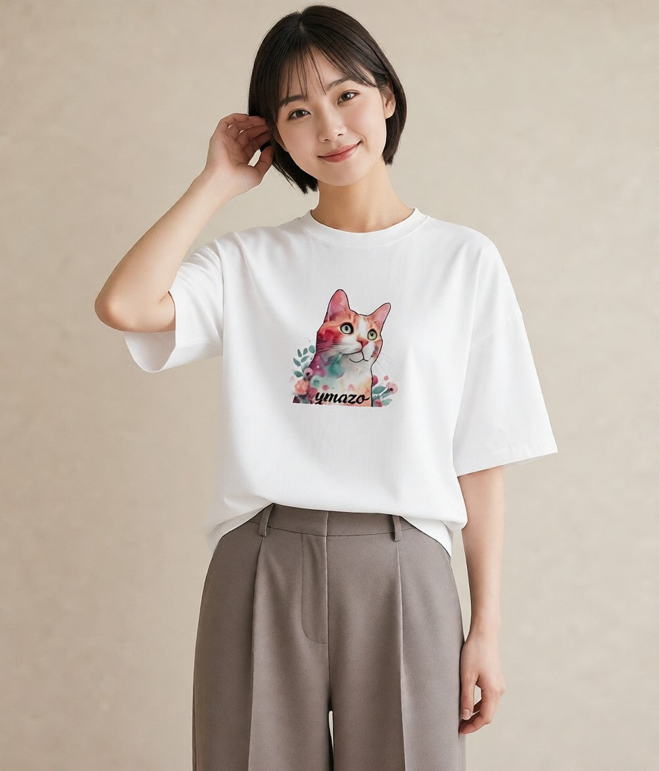 プリントTシャツ レディース ねこ 猫 ネコ イラスト 水彩風 母の日 ビーチ 白T YMAZO