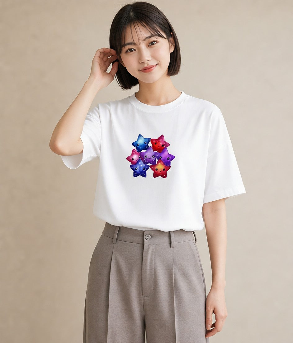 半袖Tシャツ レディース 天の川 星空 宇宙 イラスト モード ママ カフェ服 白T YMAZO