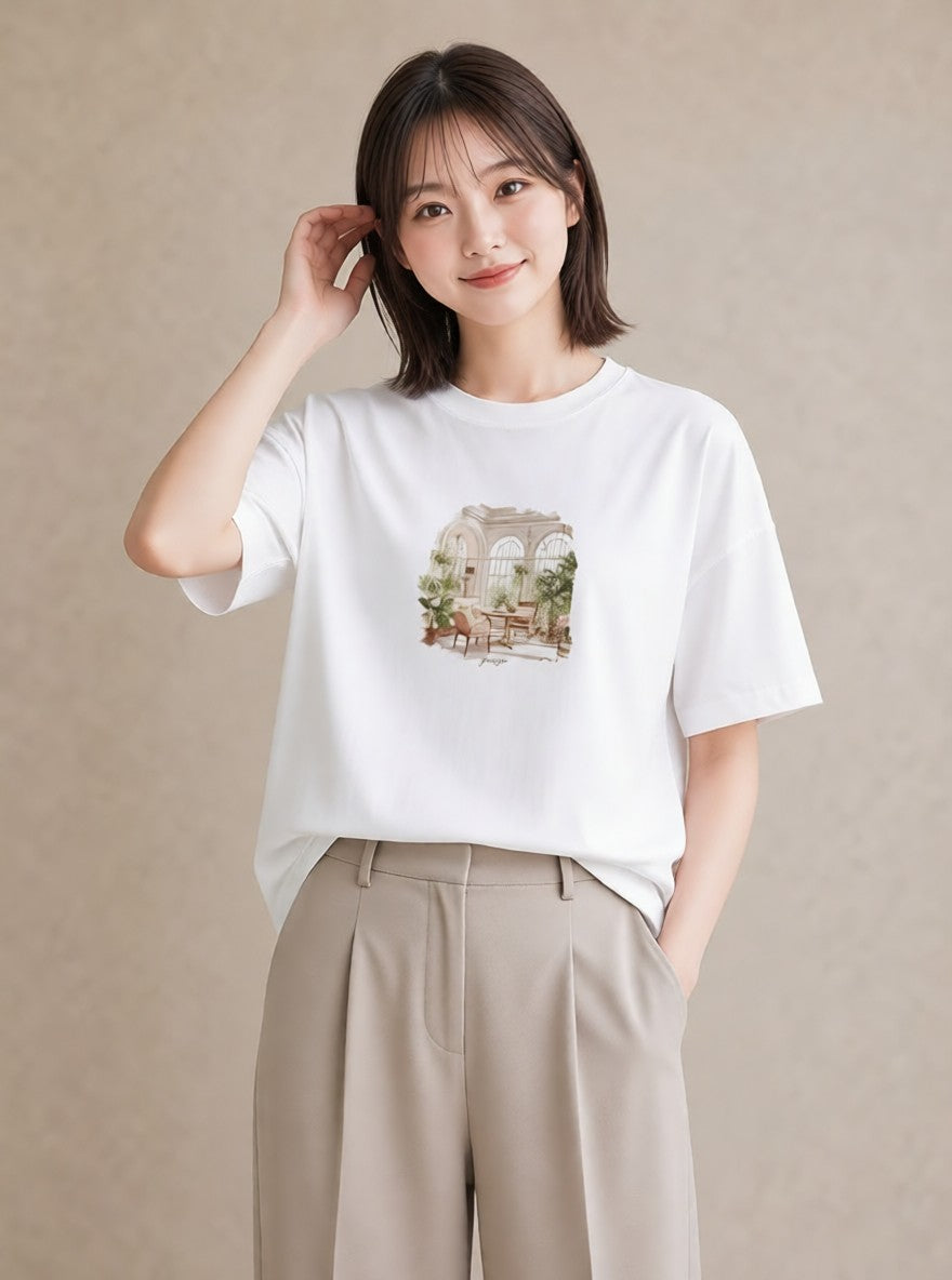 グラフィックTシャツ レディース 夕暮れ バルコニー 夕焼け ナチュラル アンティーク イラスト 抜け感 在宅 公園 白T YMAZO