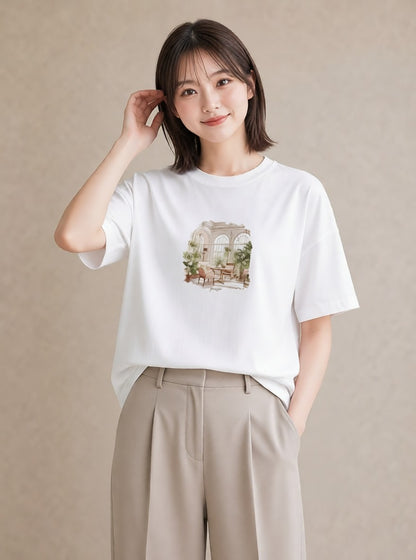 グラフィックTシャツ レディース 夕暮れ バルコニー 夕焼け ナチュラル アンティーク イラスト 抜け感 在宅 公園 白T YMAZO