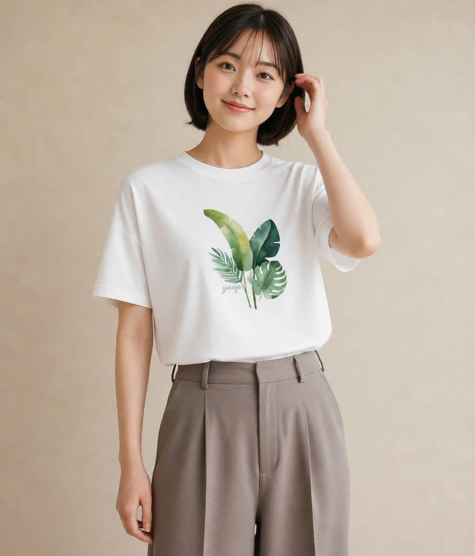Tシャツ レディース モンステラ 植物 ボタニカル イラスト ラフカジュアル 春服 ミセス 白T YMAZO