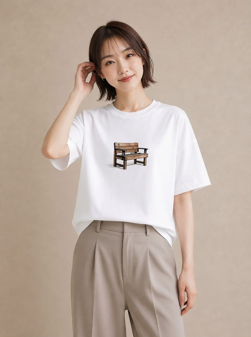 Tシャツ レディース 雨上がりのベンチ ベンチ ナチュラル アンティーク イラスト ポップ 20代 カジュアルコーデ 白T YMAZO
