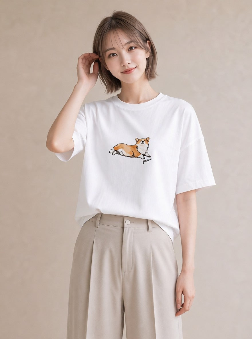 半袖Tシャツ レディース ウェルシュコーギー コーギー 犬 いぬ イラスト お洒落 ホワイトデー 春服 白T YMAZO