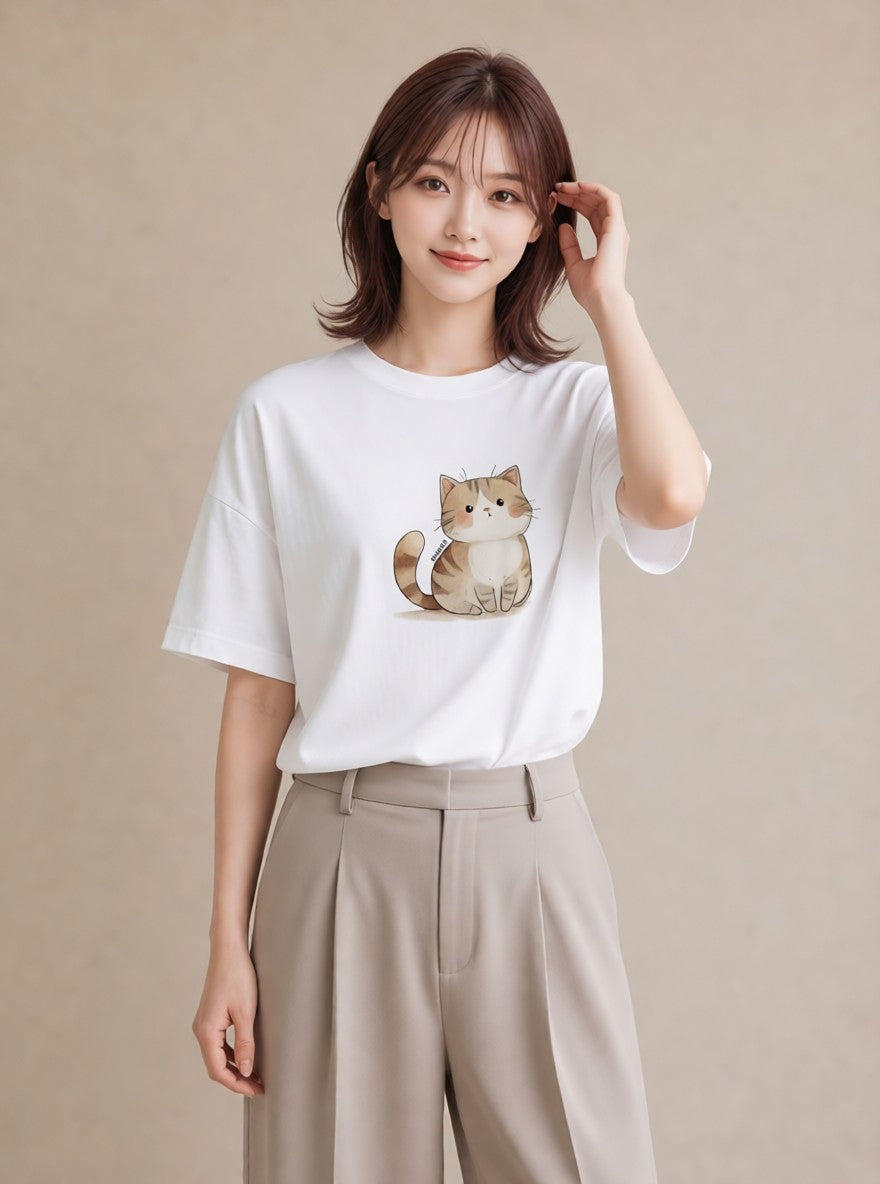 プリントTシャツ レディース 猫好き 猫 ねこ イラスト ニュアンス 敬老の日 ホワイトデー 白T YMAZO