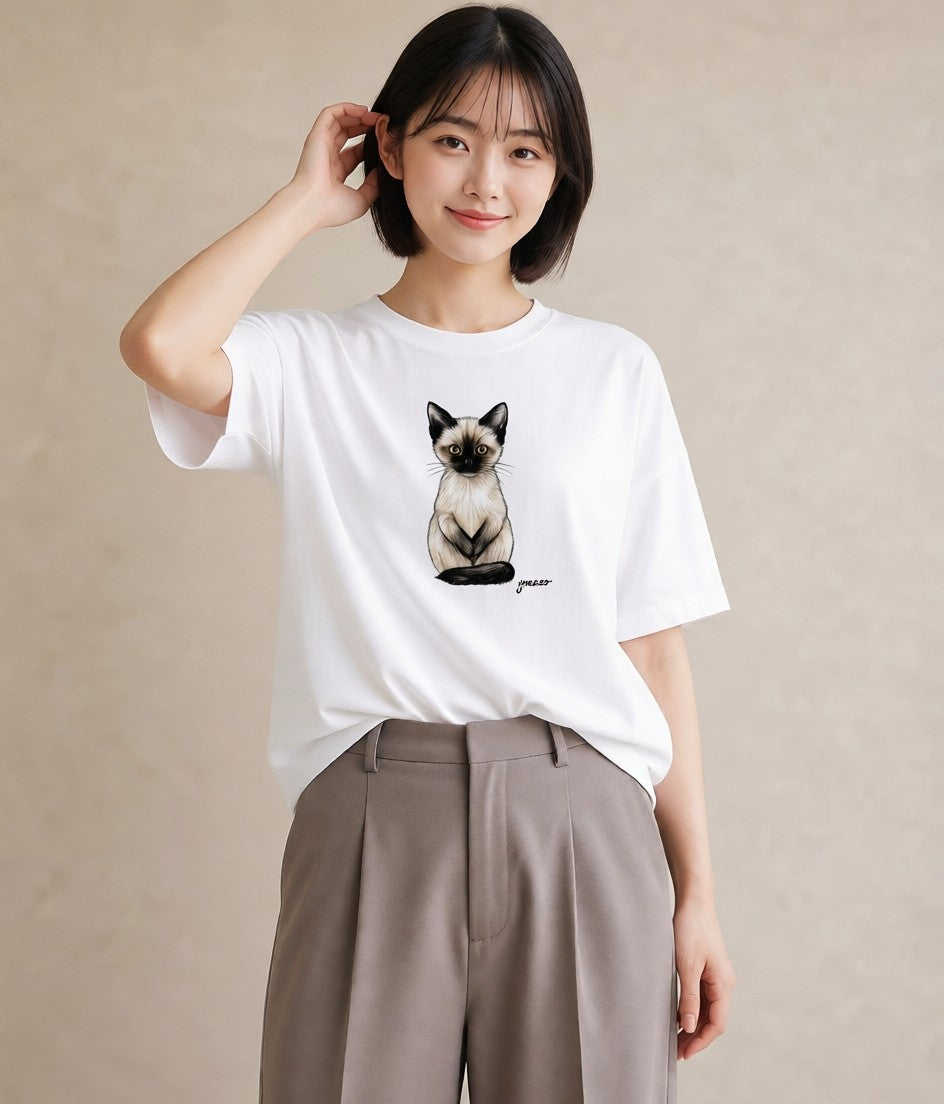 デザインTシャツ レディース ラグドール 猫 ねこ イラスト ミニマル 自分用 ルームウェア 白T YMAZO