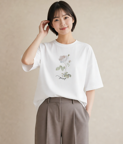 半袖Tシャツ レディース バラ 薔薇 ローズ 花 花柄 イラスト 可愛い デイリーウェア 休日 白T YMAZO
