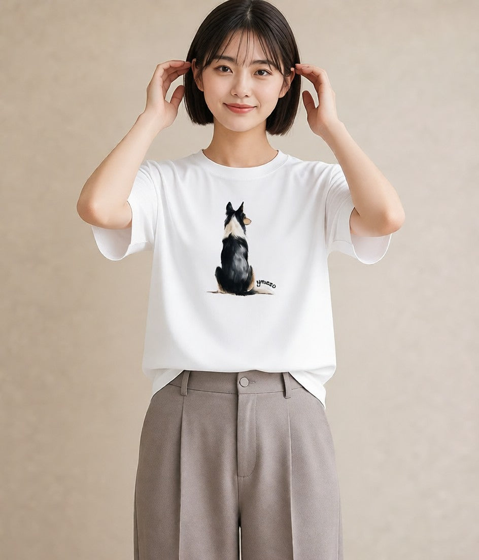 プリントTシャツ レディース ボーダーコリー 犬 いぬ イラスト シック 秋コーデ おしゃれギフト 白T YMAZO