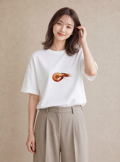 半袖Tシャツ レディース エビ 海の生き物 海 イラスト 水彩風 ビーチ デイリーウェア 白T YMAZO