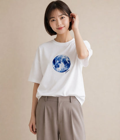 半袖Tシャツ レディース 三日月 星空 宇宙 イラスト カフェコーデ 旅行 母娘コーデ 白T YMAZO
