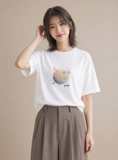 Tシャツ レディース 星 星空 宇宙 イラスト ガーリー ペアコーデ 秋コーデ 白T YMAZO
