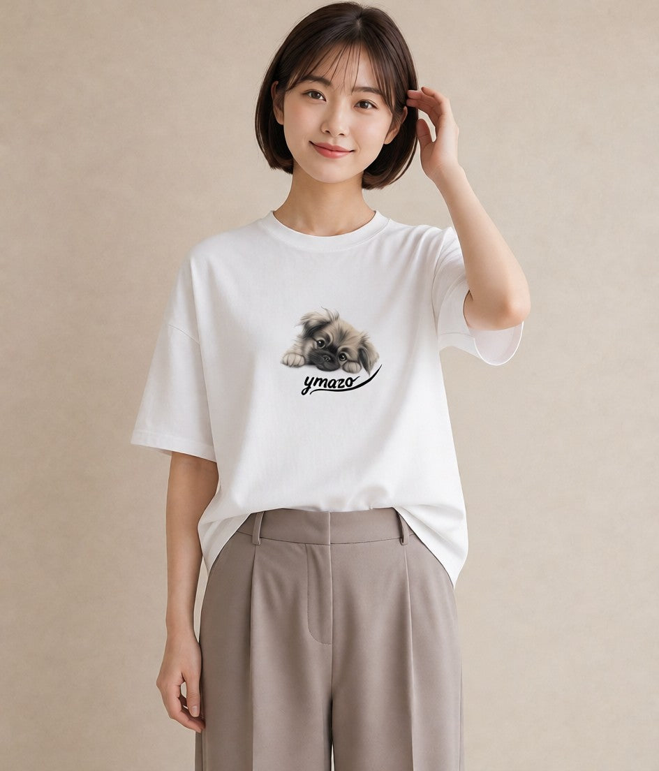 半袖Tシャツ レディース 狆 犬 いぬ イラスト 旅行コーデ お出かけ 普段着 白T YMAZO