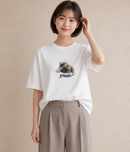 半袖Tシャツ レディース 狆 犬 いぬ イラスト 旅行コーデ お出かけ 普段着 白T YMAZO