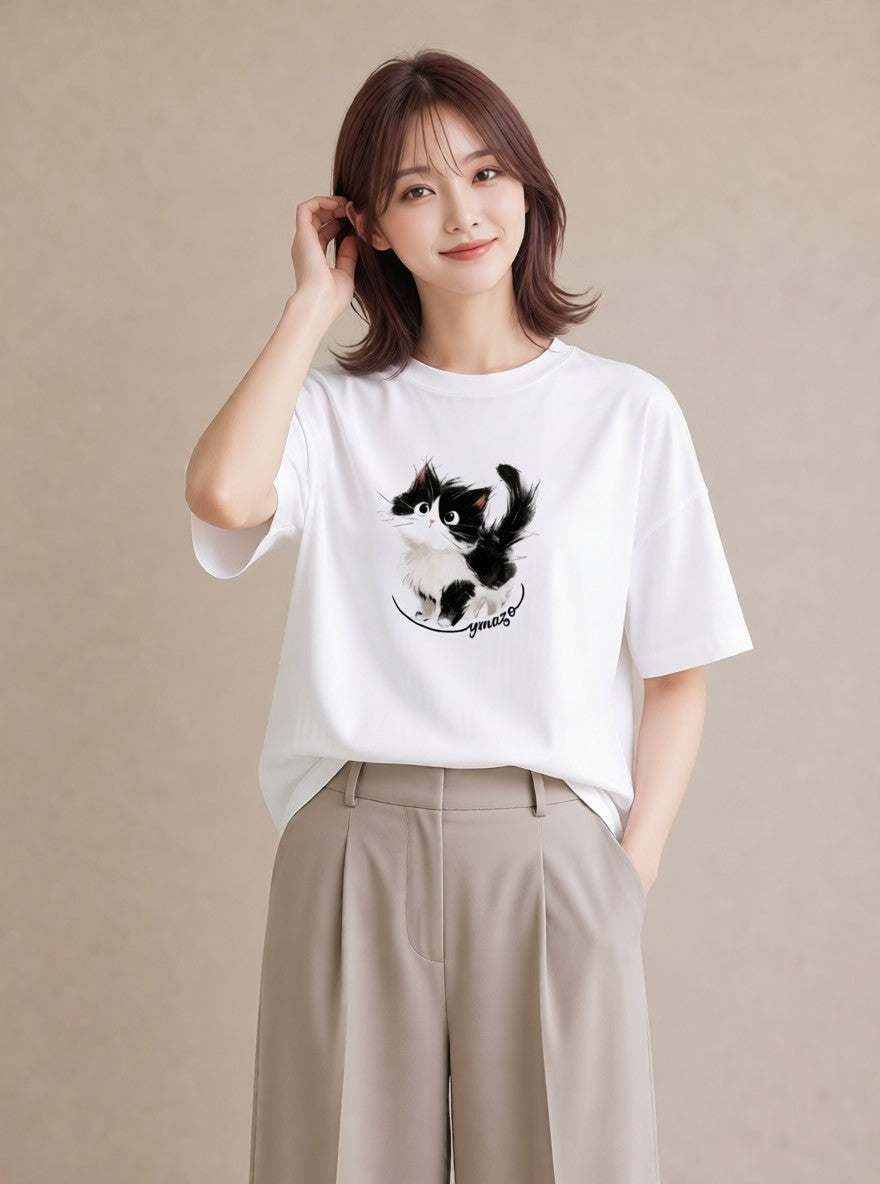 デザインTシャツ レディース ハチワレ 白黒猫 猫 ねこ イラスト 抜け感 デイリーウェア 休日 白T YMAZO