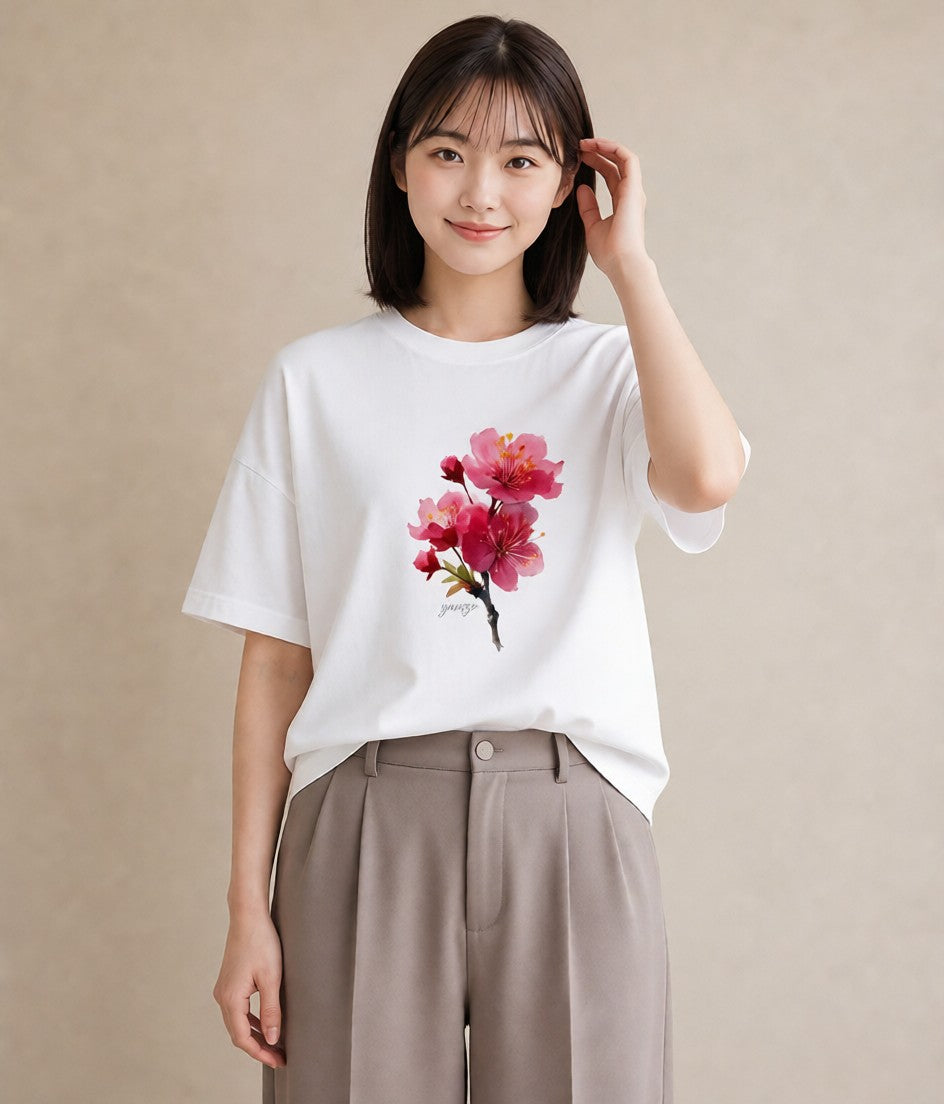 Tシャツ レディース 梅 花 花柄 イラスト お洒落 レイヤード 友達ギフト 白T YMAZO