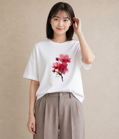 Tシャツ レディース 梅 花 花柄 イラスト お洒落 レイヤード 友達ギフト 白T YMAZO