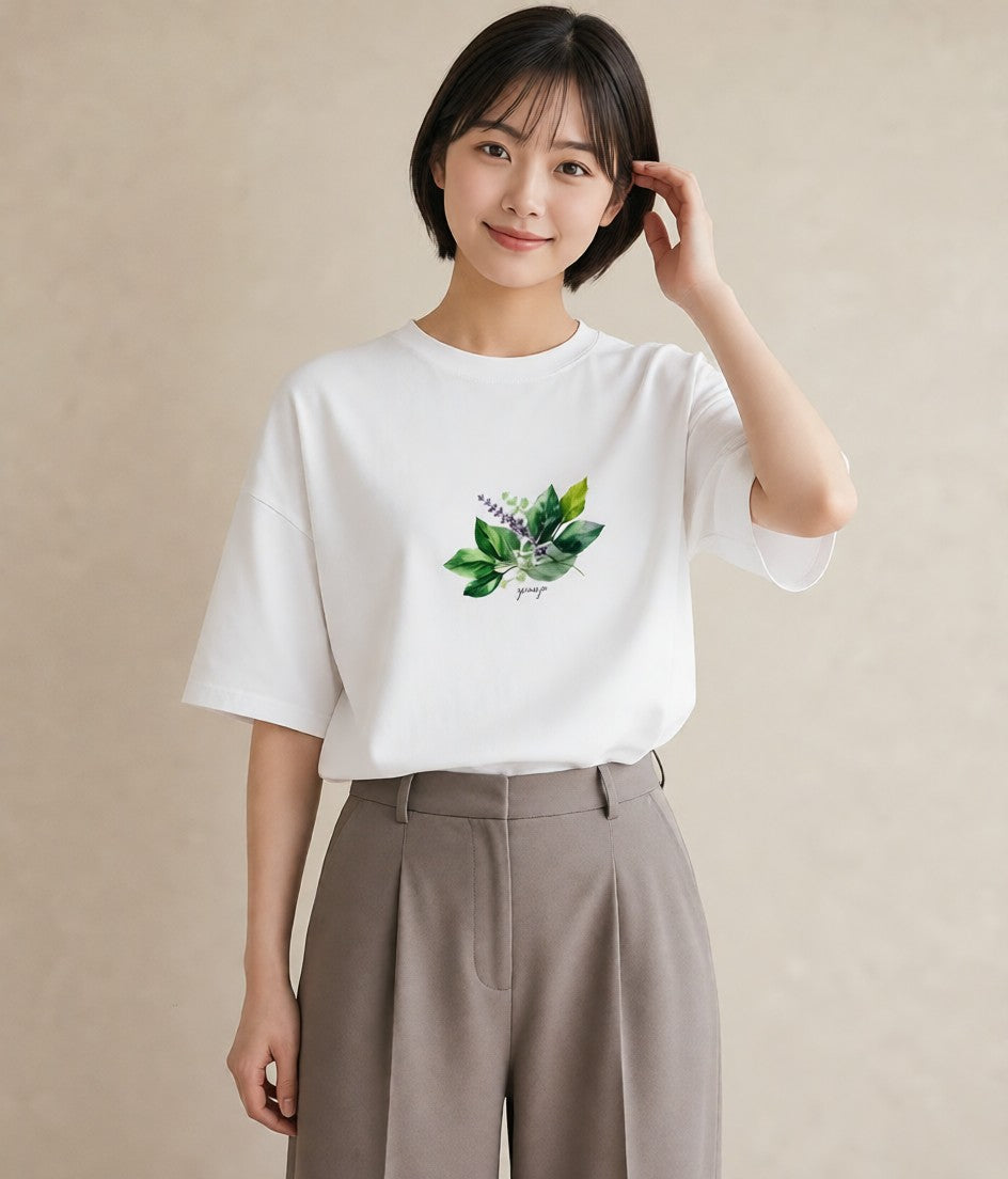 Tシャツ レディース 新緑 植物 ボタニカル イラスト ユニーク 女子会 お揃い 白T YMAZO