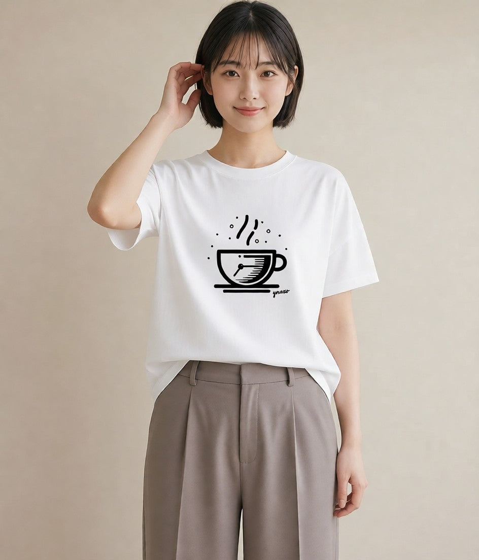 半袖Tシャツ レディース コーヒー カフェ 珈琲 イラスト 手描き風 普段着 週末コーデ 白T YMAZO