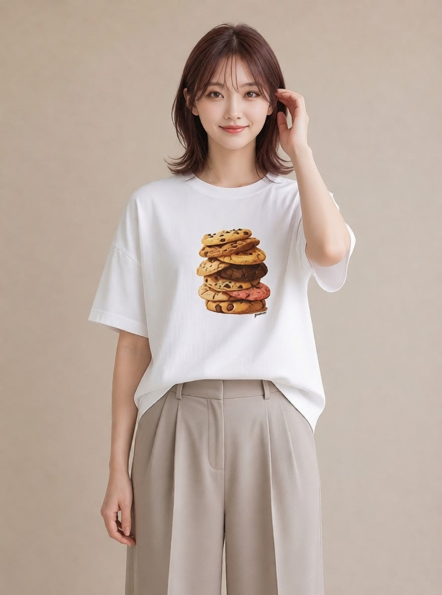 プリントTシャツ レディース クッキー 食べ物 フード イラスト ラフ 女性向けギフト 散歩 白T YMAZO