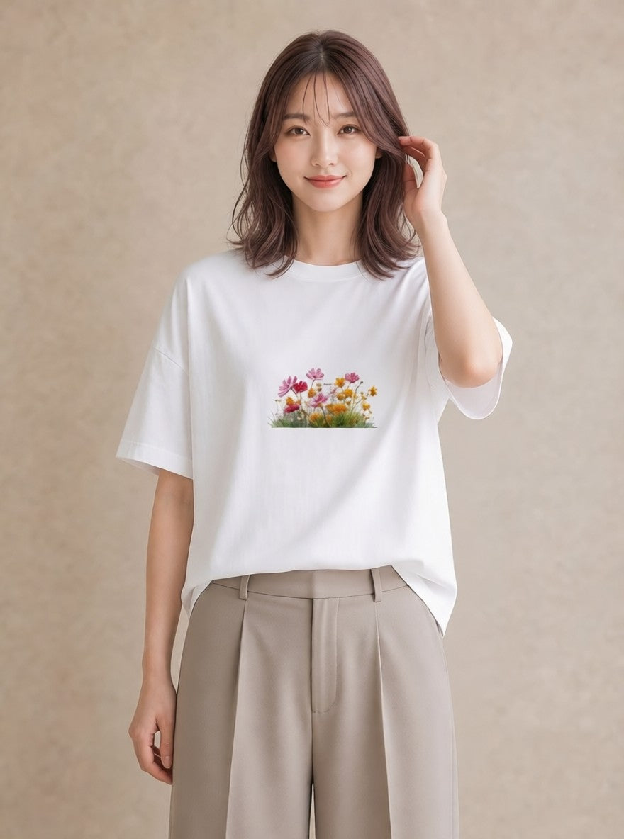 半袖Tシャツ レディース コスモス 秋桜 花 花柄 イラスト ゆるコーデ 夏コーデ 通学 白T YMAZO