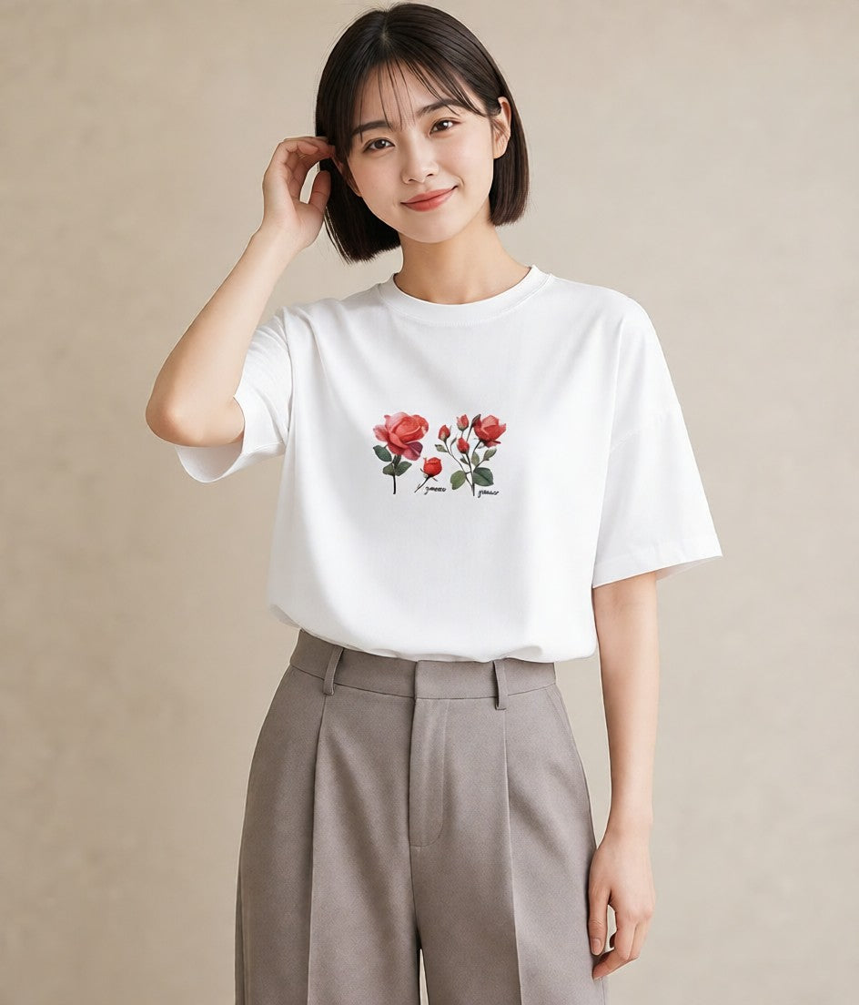 グラフィックTシャツ レディース バラ 薔薇 ローズ 花 花柄 イラスト 休日コーデ 春コーデ 姉妹 白T YMAZO