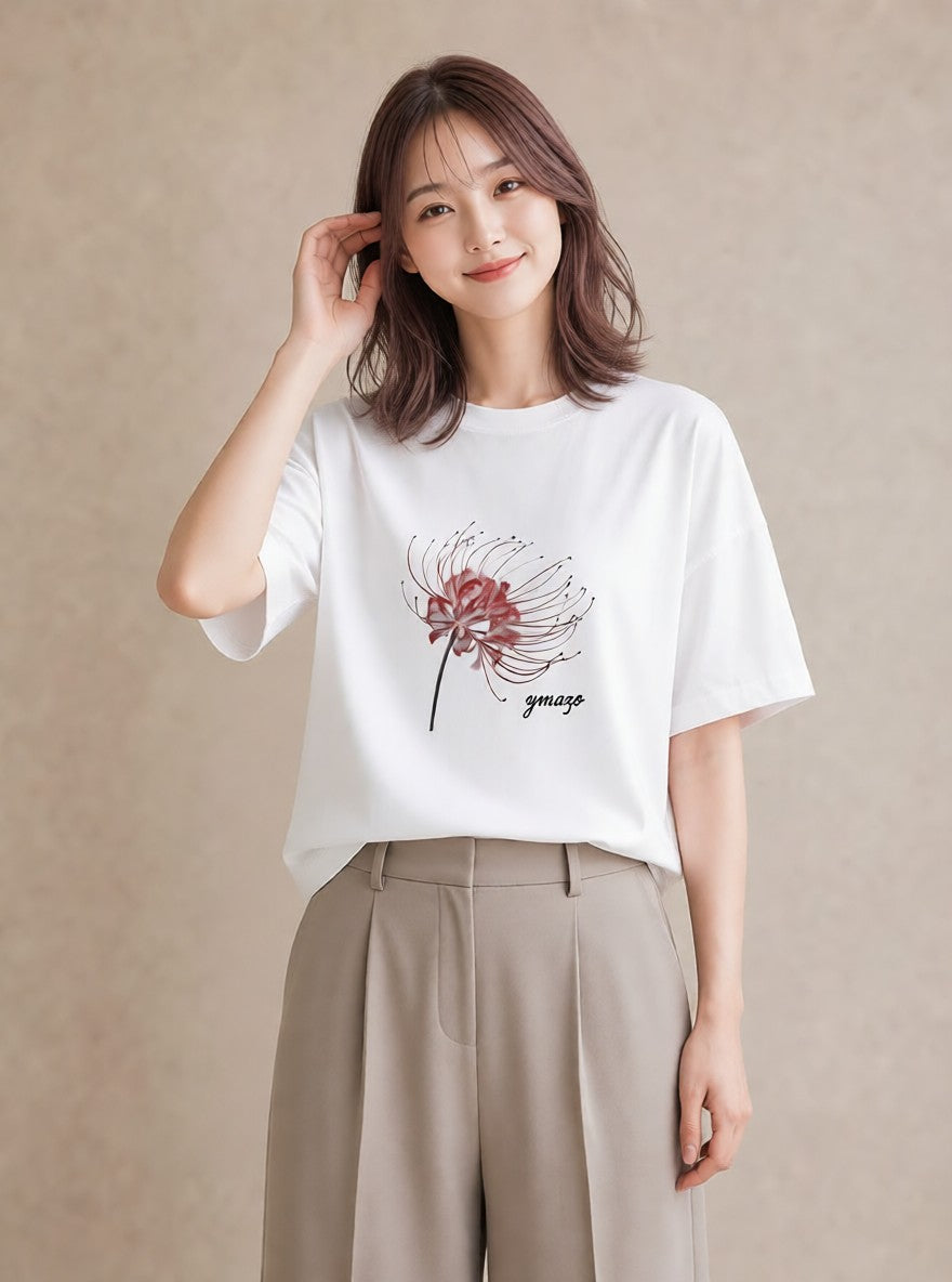 グラフィックTシャツ レディース 彼岸花 花 花柄 イラスト 抜け感 敬老の日 ホワイトデー 白T YMAZO