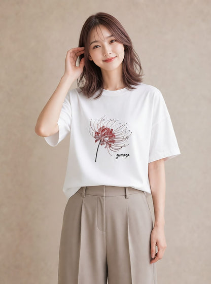 グラフィックTシャツ レディース 彼岸花 花 花柄 イラスト 抜け感 敬老の日 ホワイトデー 白T YMAZO